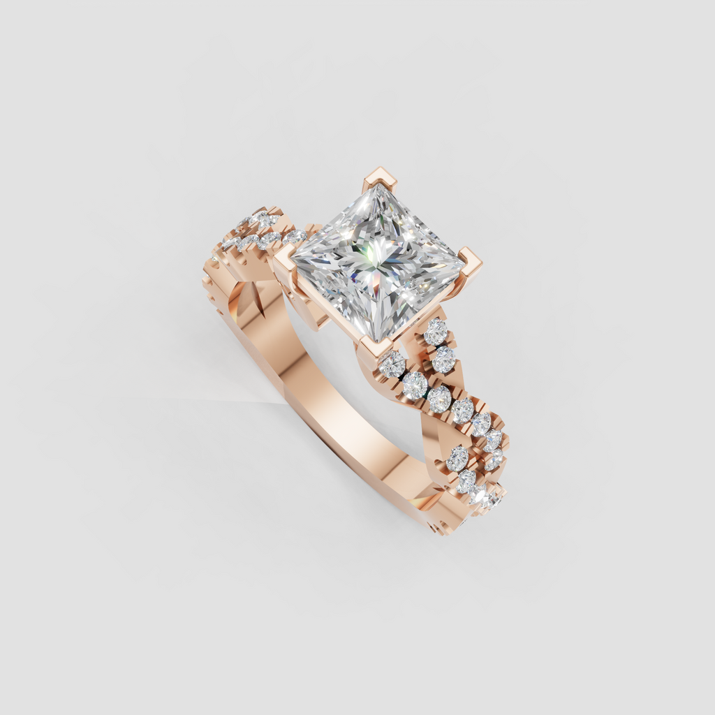 Princess cut engagement ring showing intricate diamond-set split shank from side view