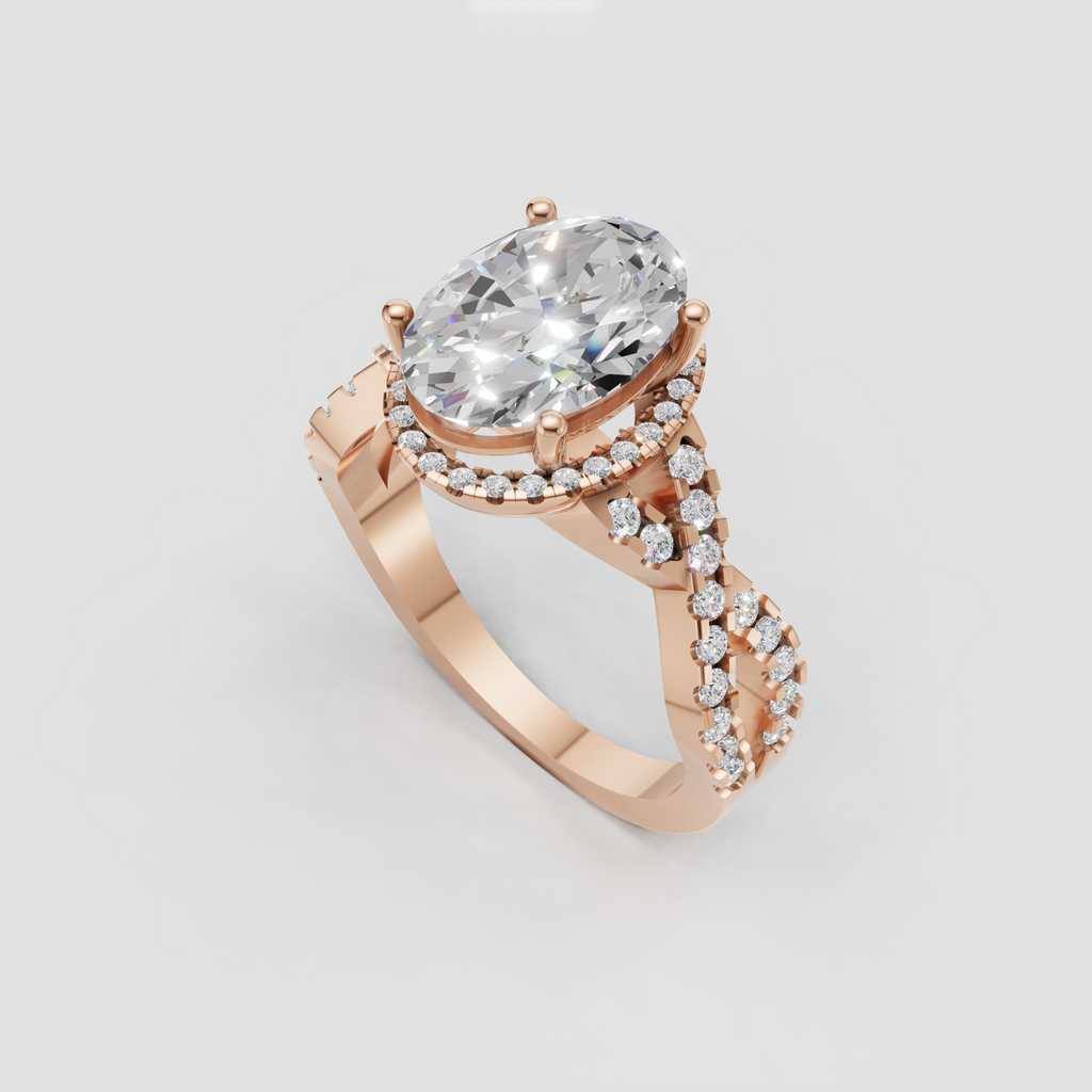 Four-prong oval Diamond halo engagement ring in polished metal