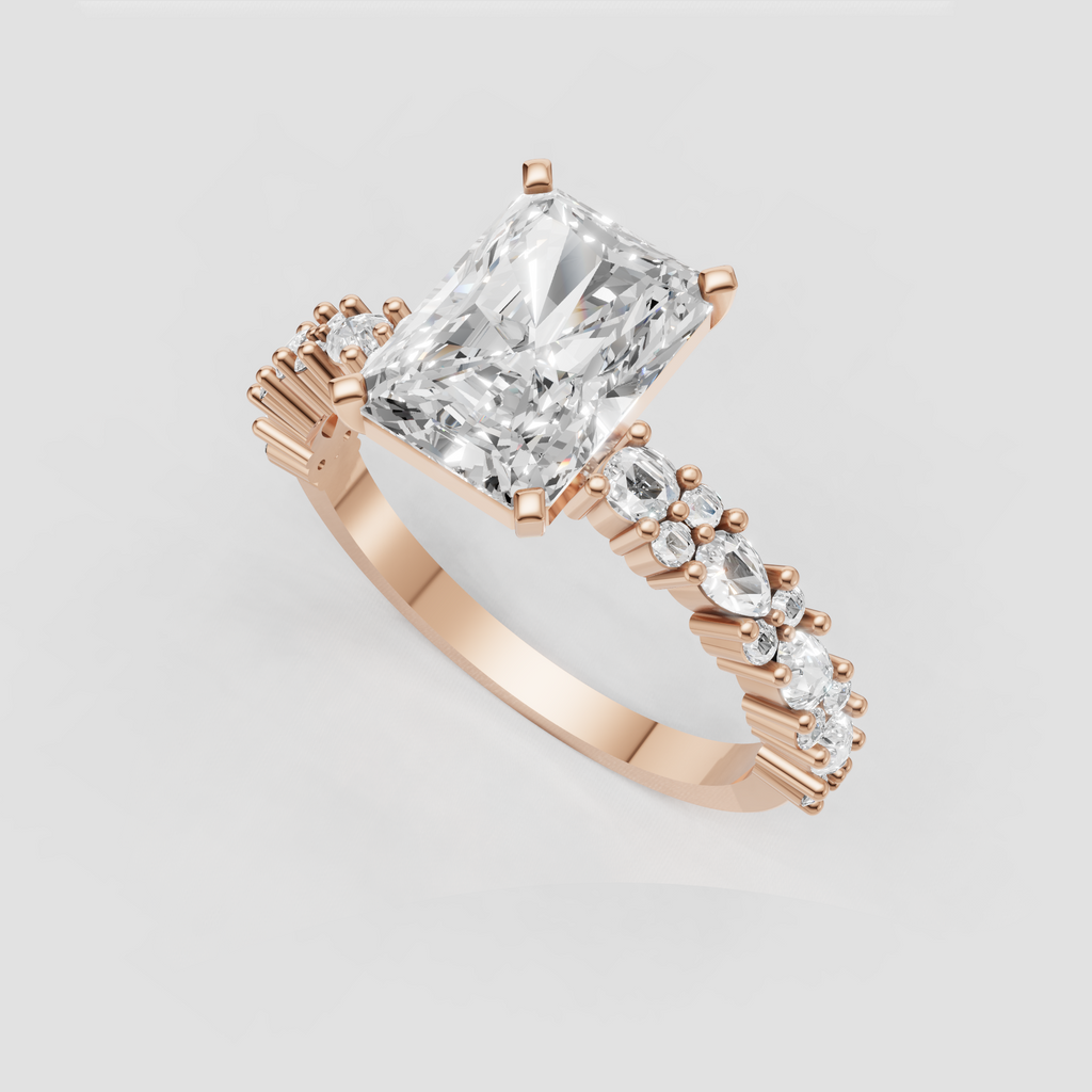 Modern radiant cut diamond ring with ornate shoulders