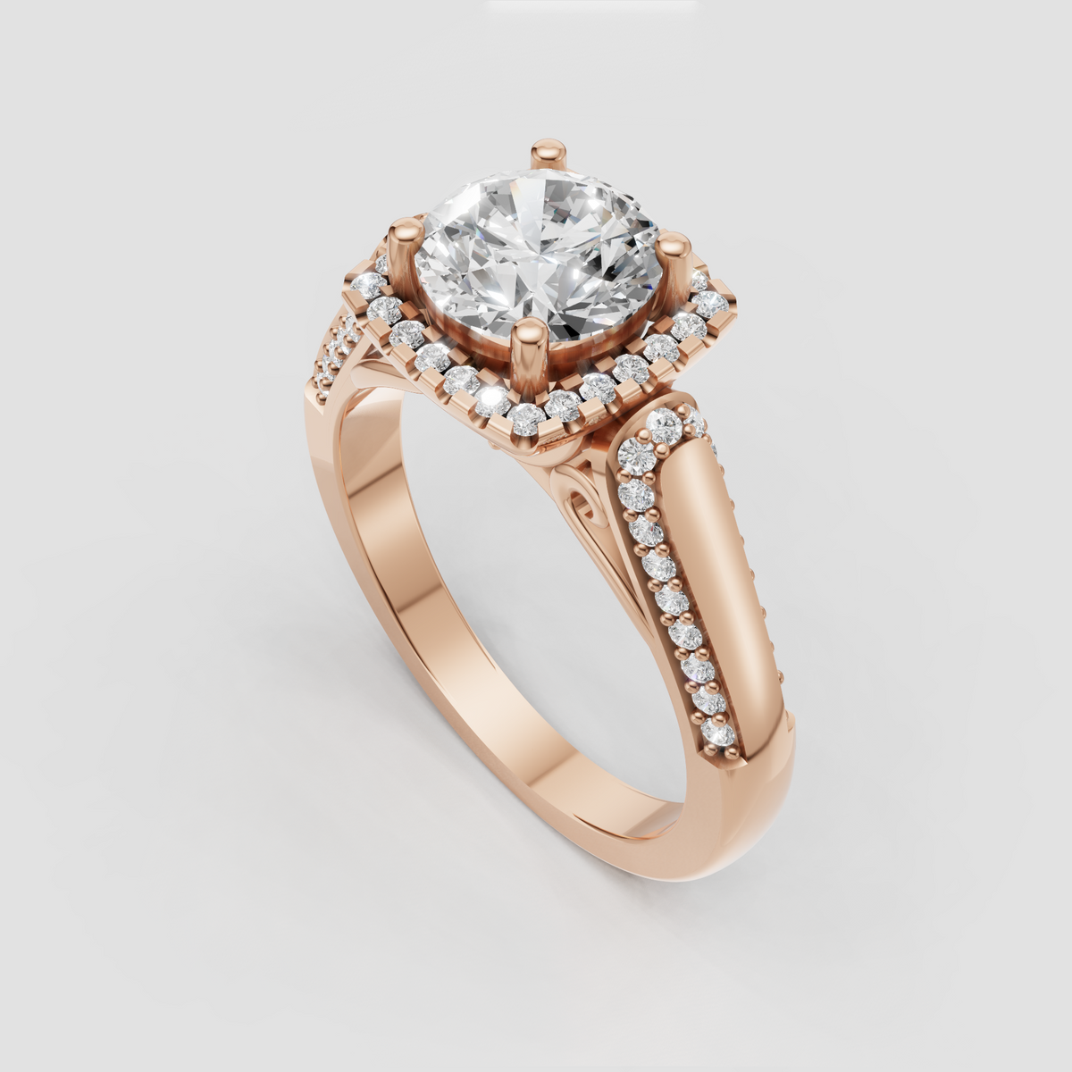 Round diamond cathedral-style ring with pavé shoulders and scroll gallery