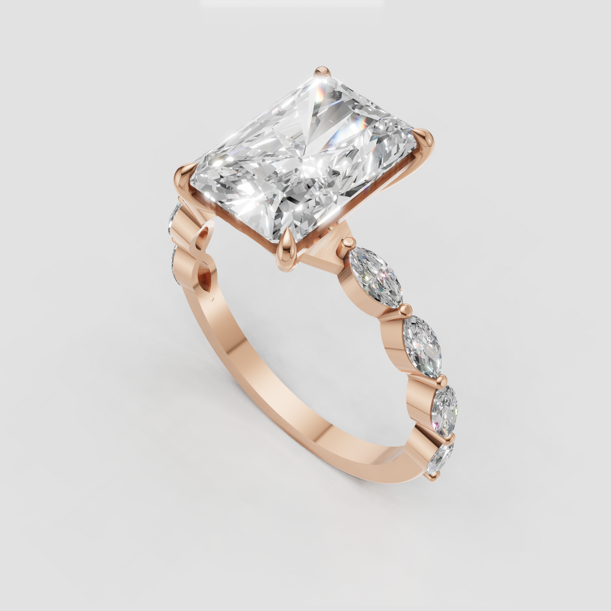 Modern radiant diamond engagement ring with pavé band