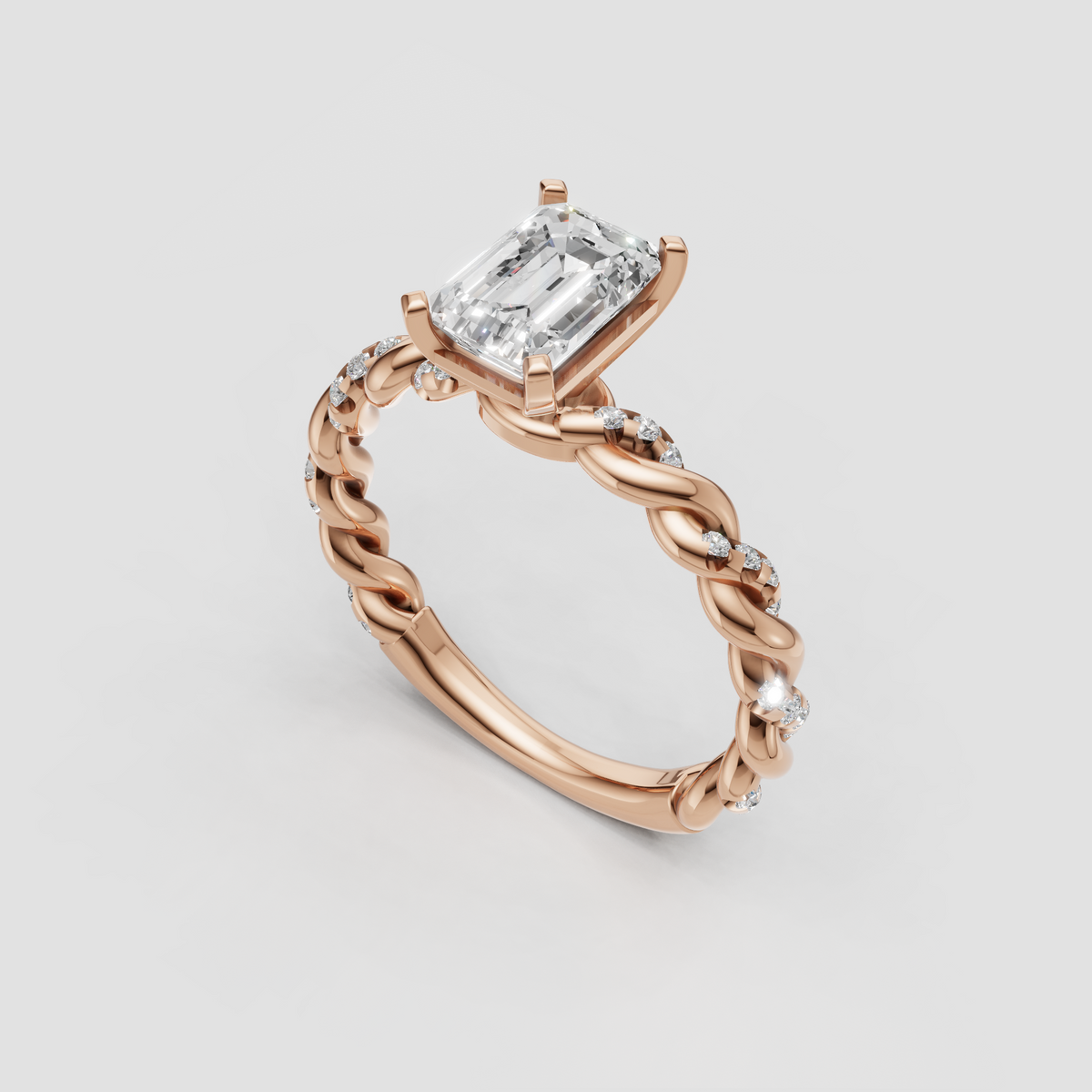 Sophisticated emerald cut engagement ring with twisted design