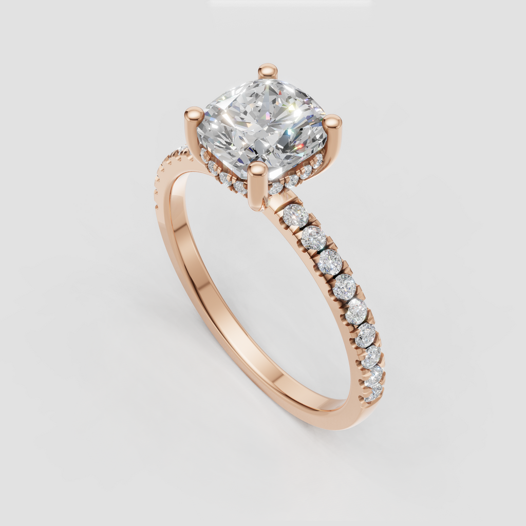 Elegant cushion diamond pavé engagement ring in polished gold