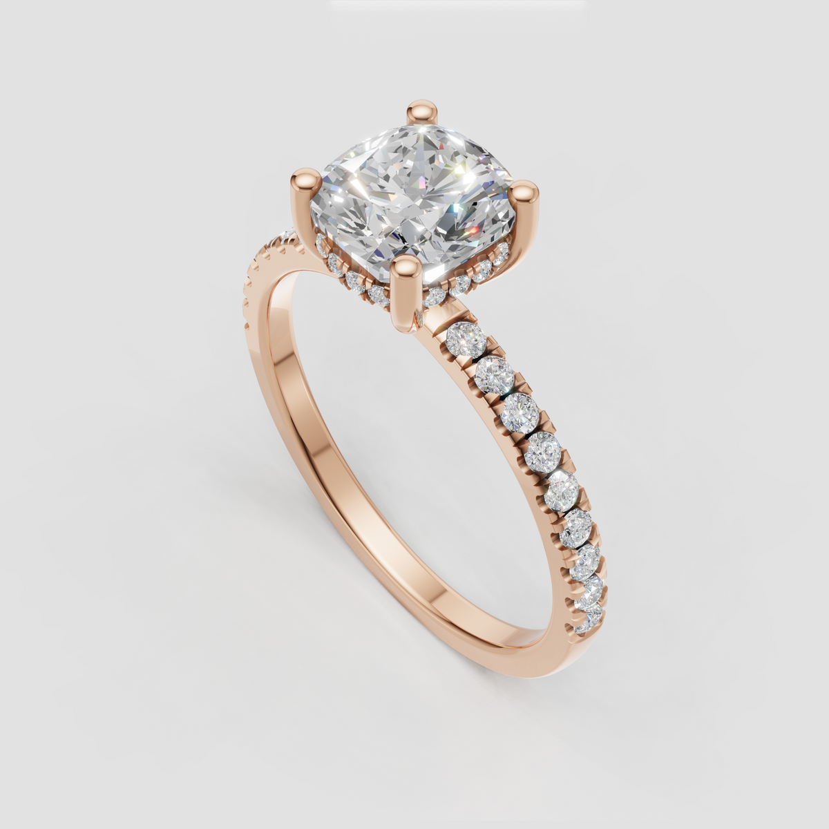 Elegant cushion diamond pavé engagement ring in polished gold