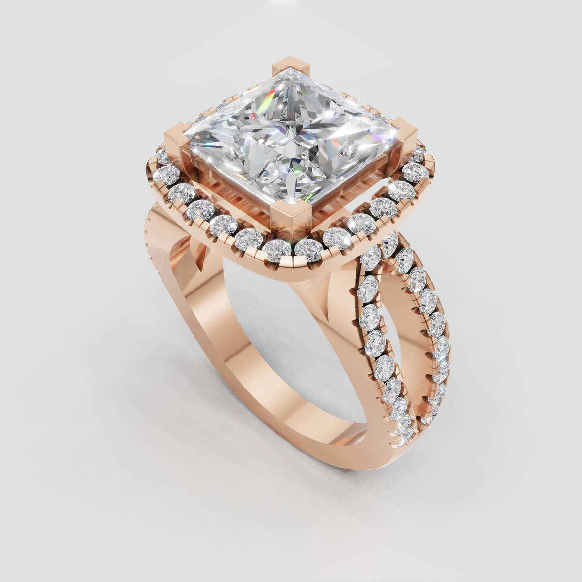 Elegant princess diamond halo engagement ring in polished gold