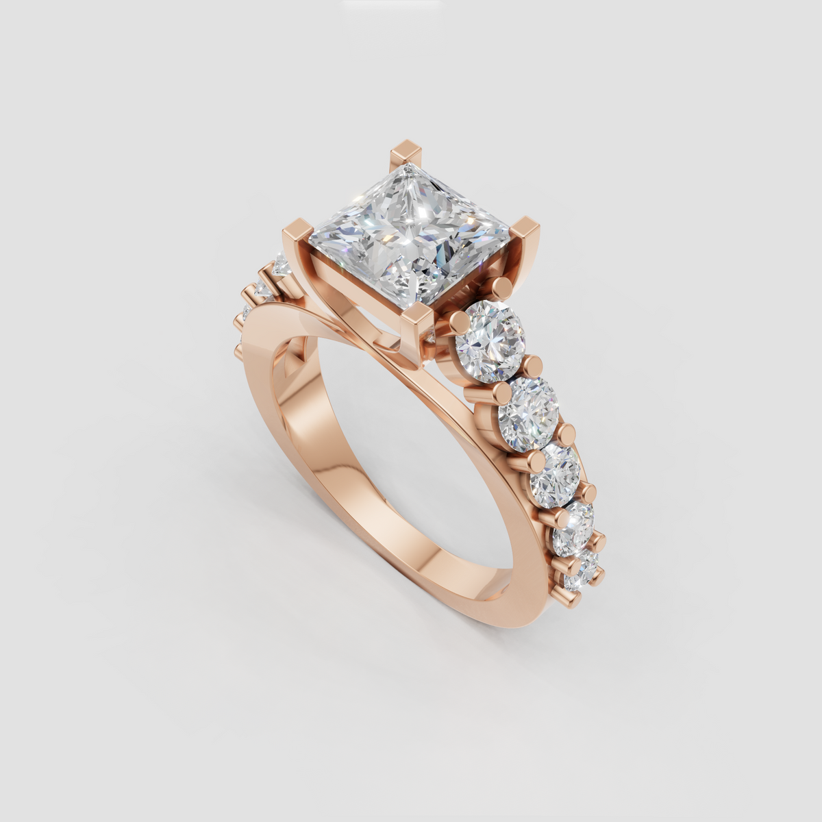 Princess cut engagement ring with elevated cathedral basket and diamond accents