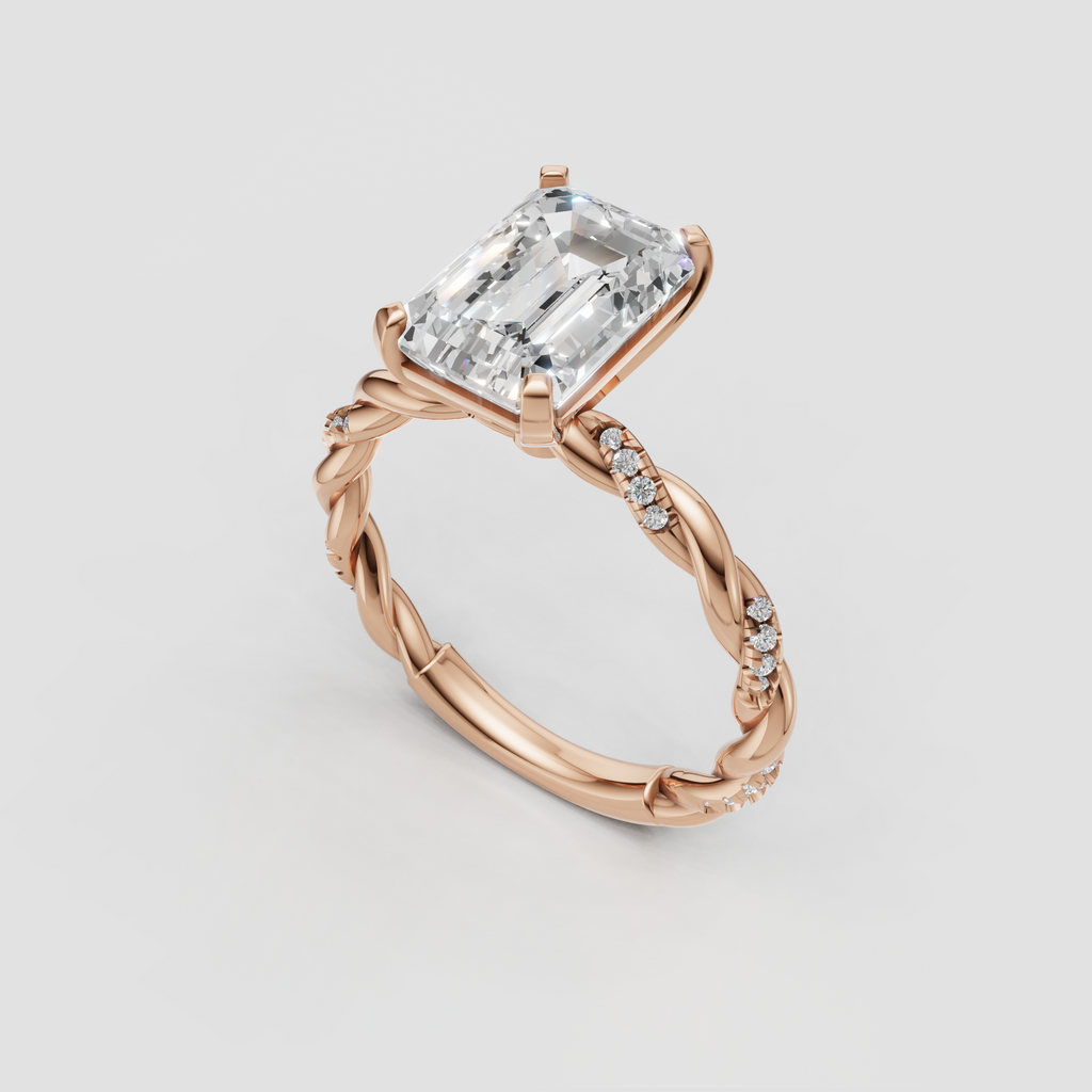 Emerald cut diamond bridal ring with intricate rope-style band
