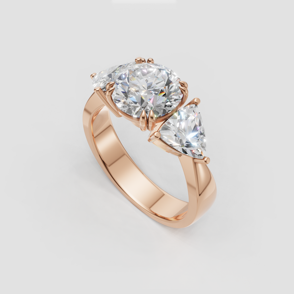 Round diamond ring with two Trillion-shaped side diamonds and secure prongs