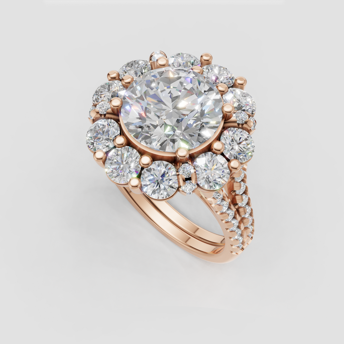 Round diamond engagement ring with sparkling floral cluster halo