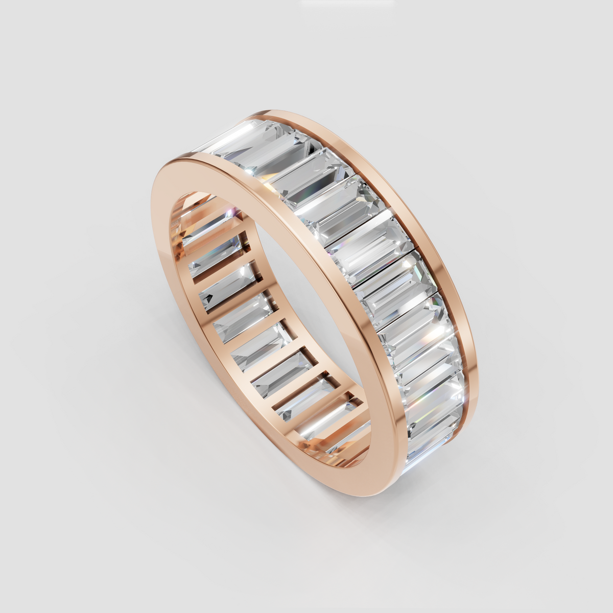 Baguette cut diamond band with architectural channel setting