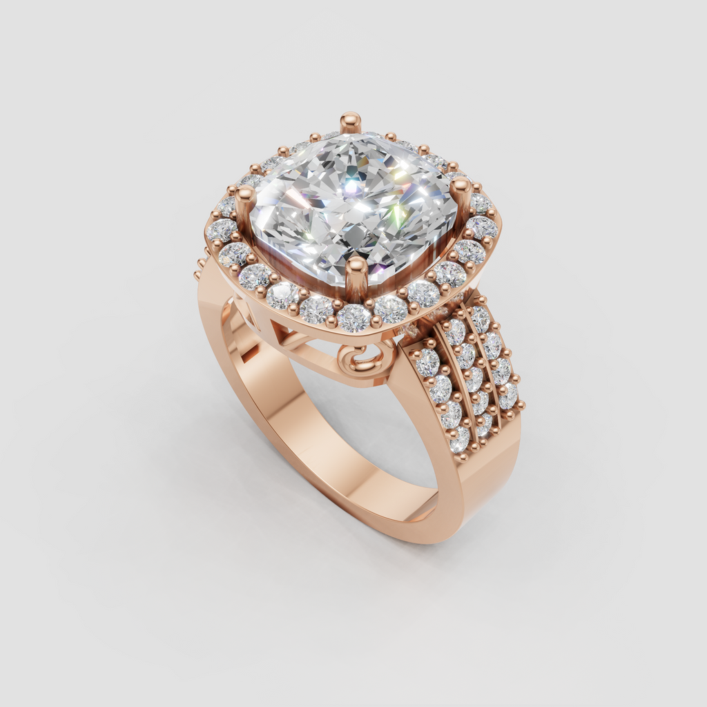 Yellow gold cushion engagement ring with decorative filigree scrollwork