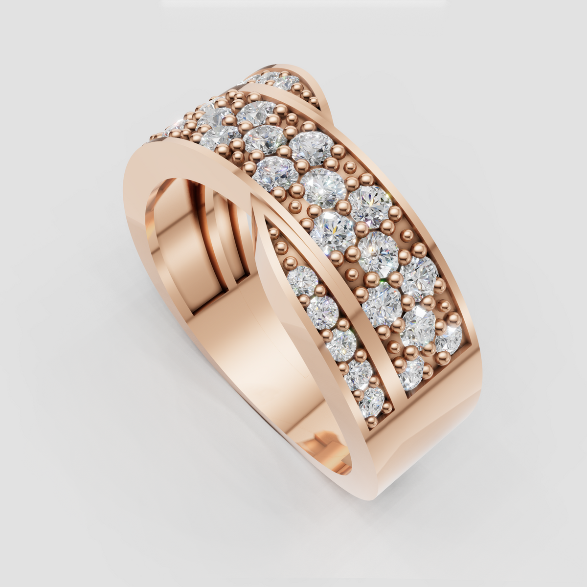 Crossover diamond band with detailed bead-set borders