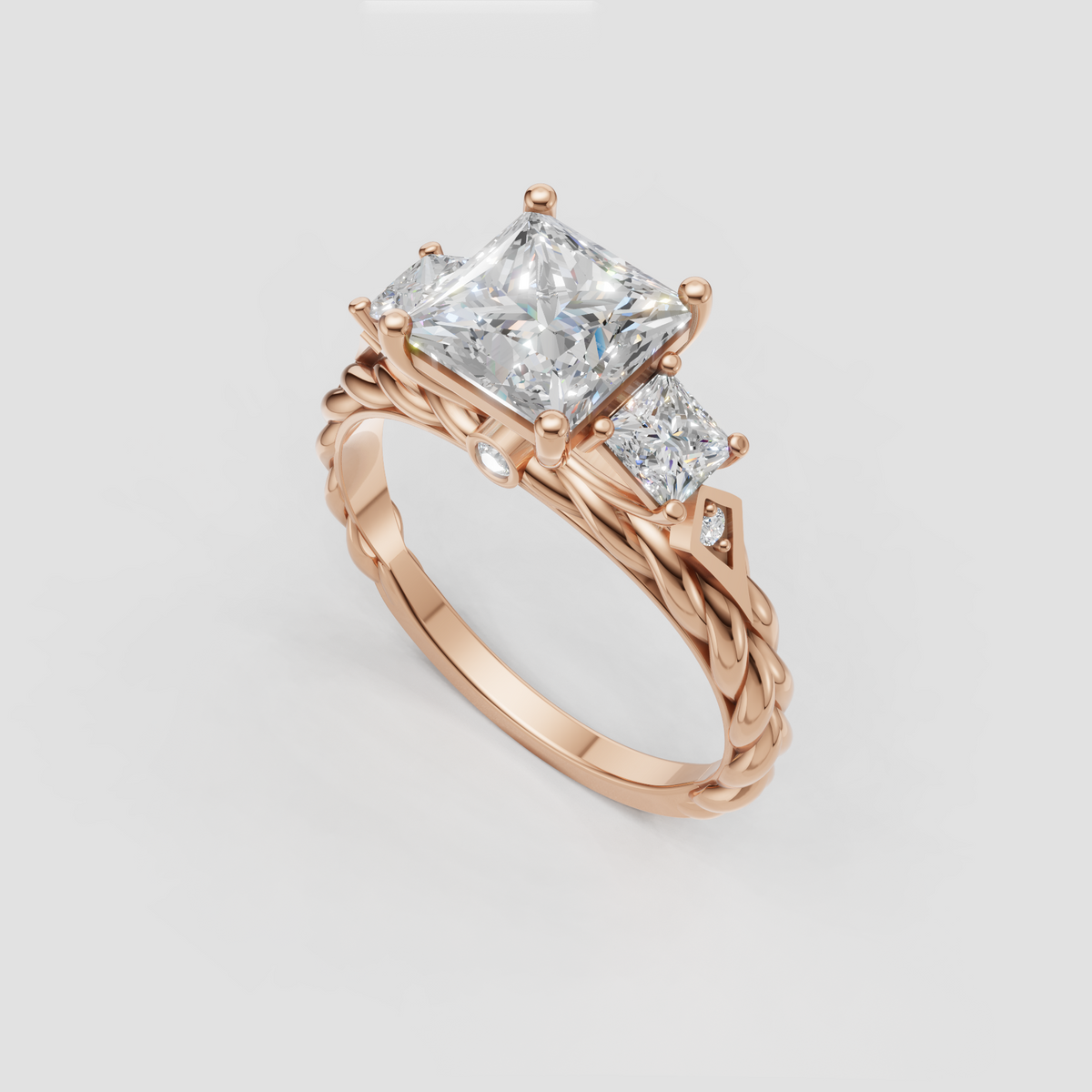 Yellow gold princess diamond ring with braided vintage style band