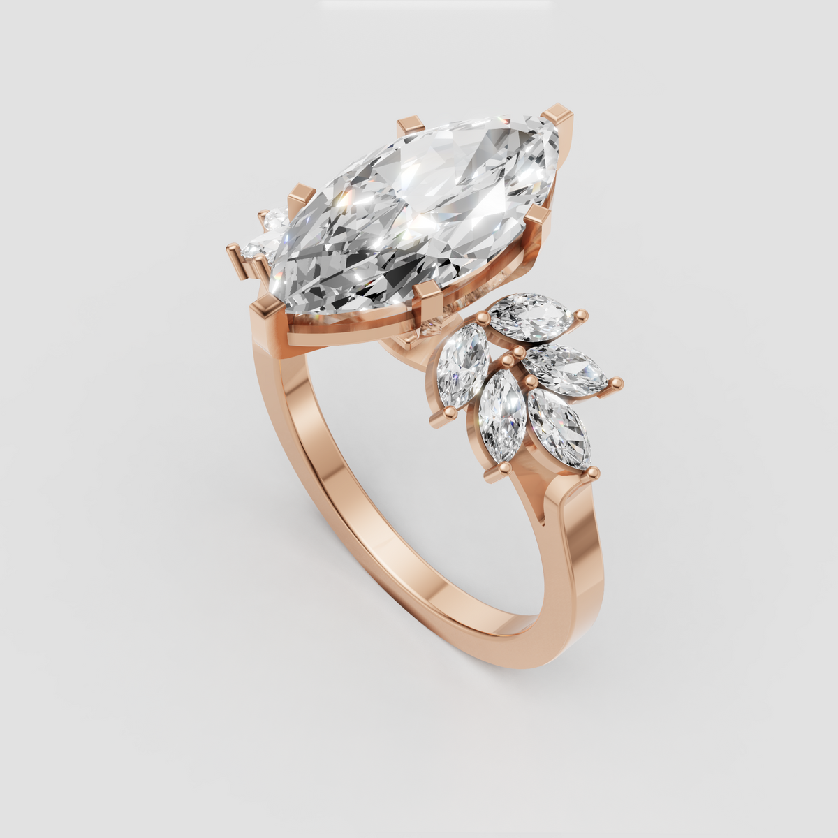 Marquise diamond ring with floral side stones