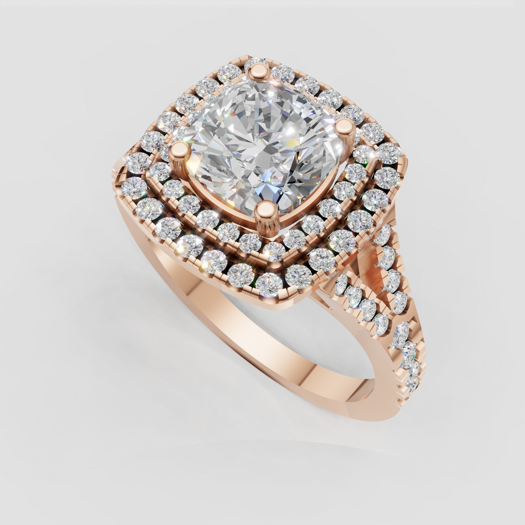 Cushion diamond halo ring with elevated cathedral setting