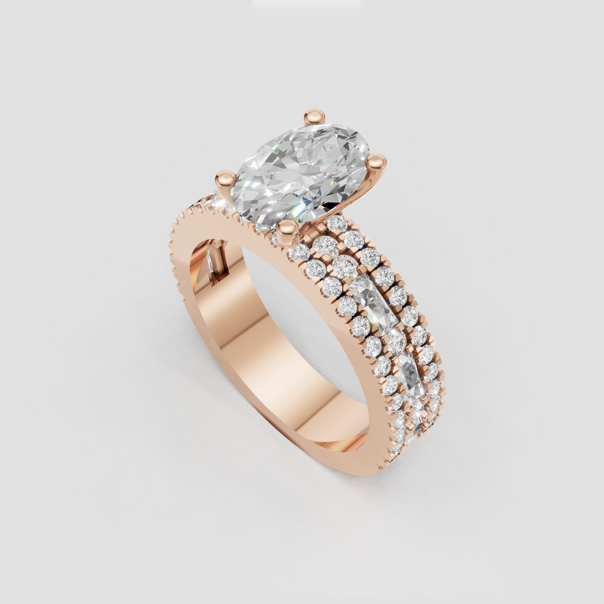 Elegant oval diamond engagement ring with four rounded prongs and multi-row band