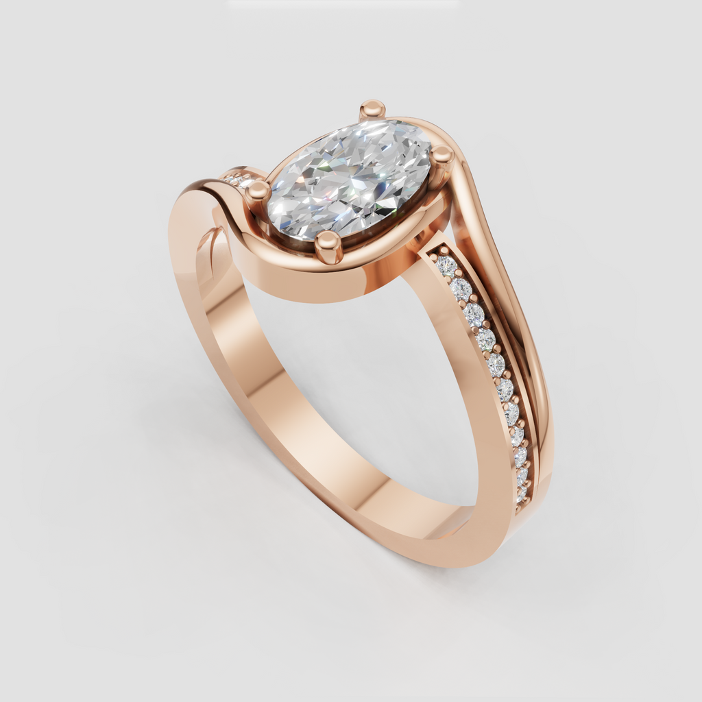 Contemporary oval diamond ring with split bypass shoulders and pave detailing