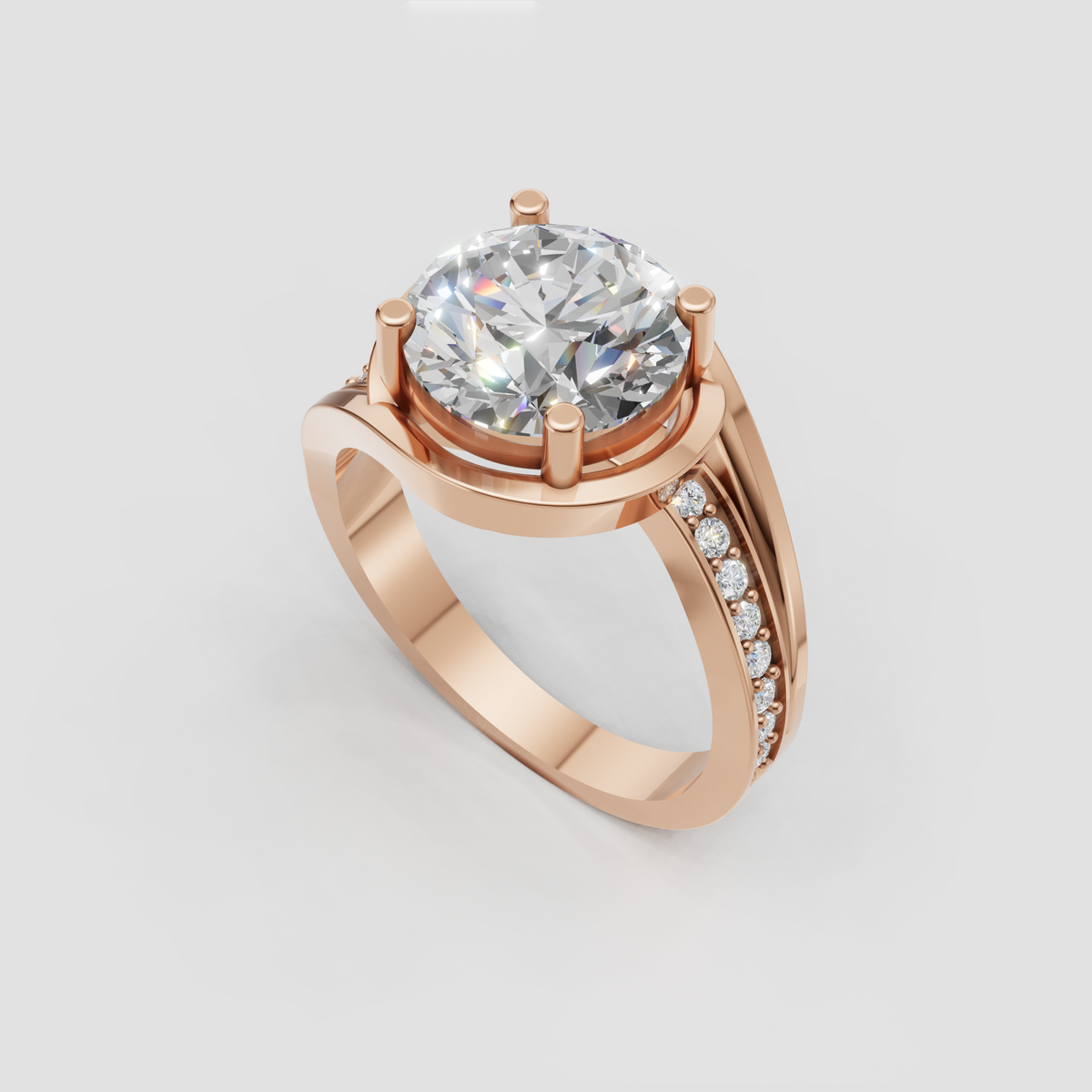 Modern round diamond engagement ring with detailed diamond shoulders