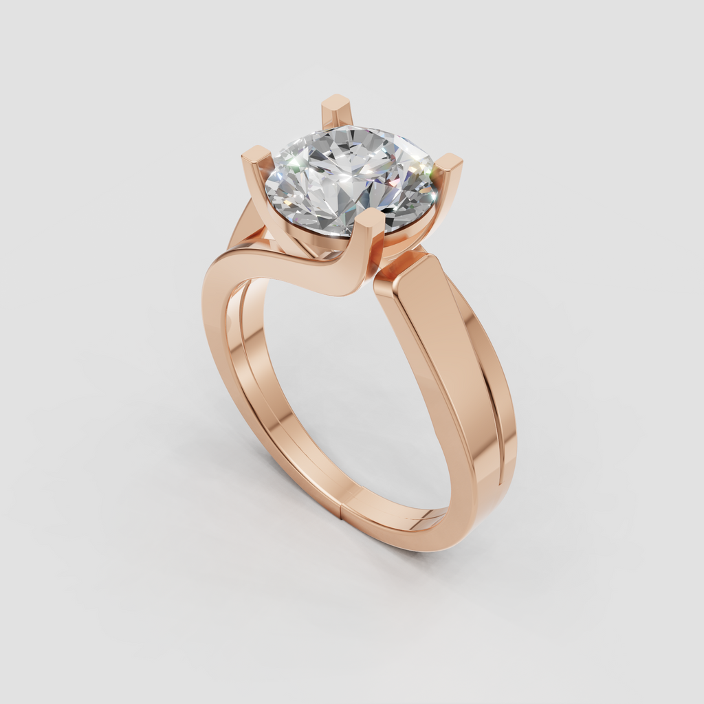Round cut diamond ring with contemporary split shank crossover design