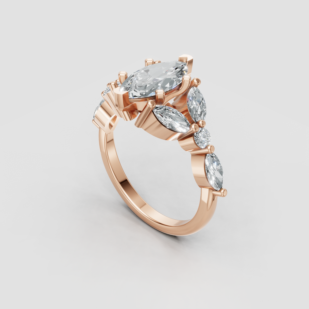 Sculptural yellow gold marquise diamond engagement ring side view