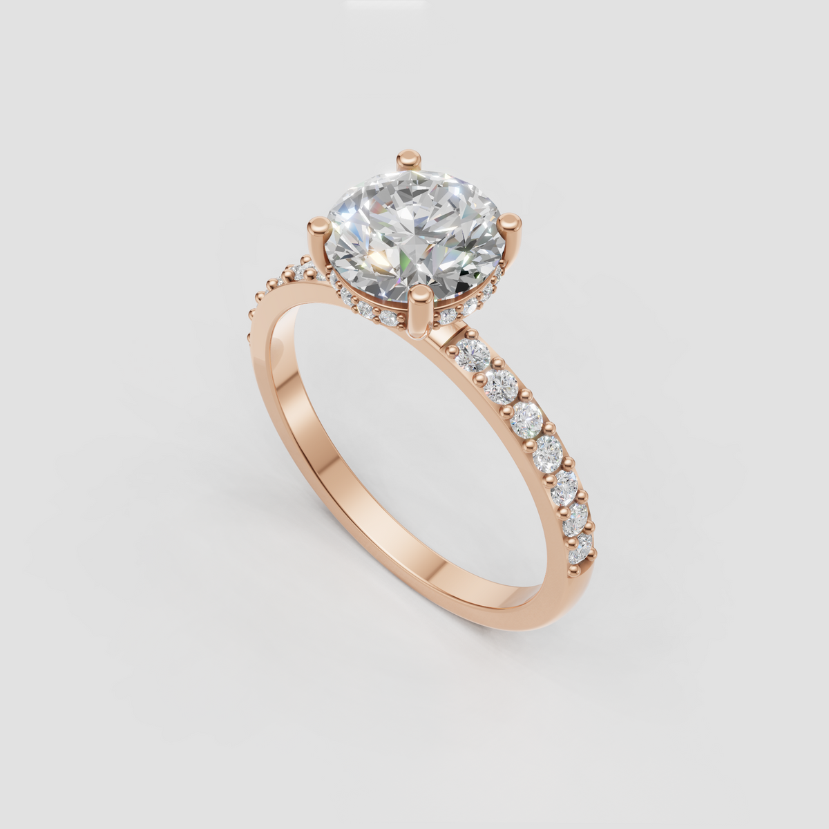 Yellow gold cathedral setting ring with round diamond center and side accents
