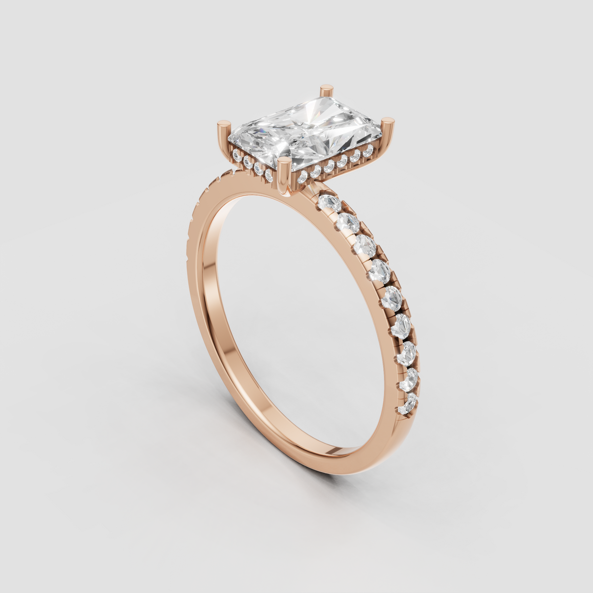 Radiant cut diamond bridal jewelry with hidden accent halo