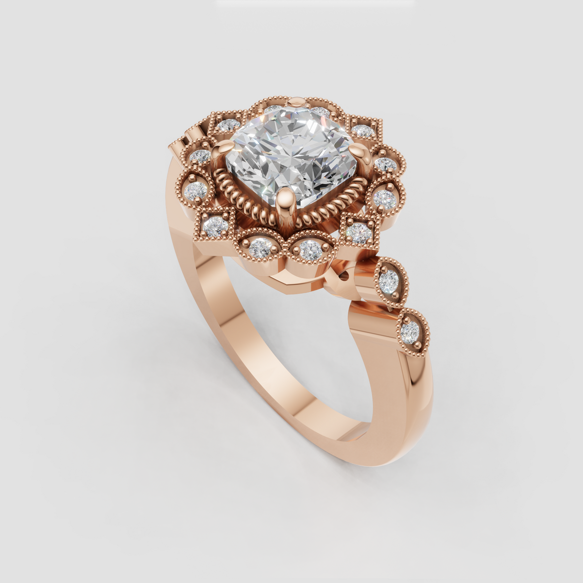 Cushion diamond ring with round diamond accents