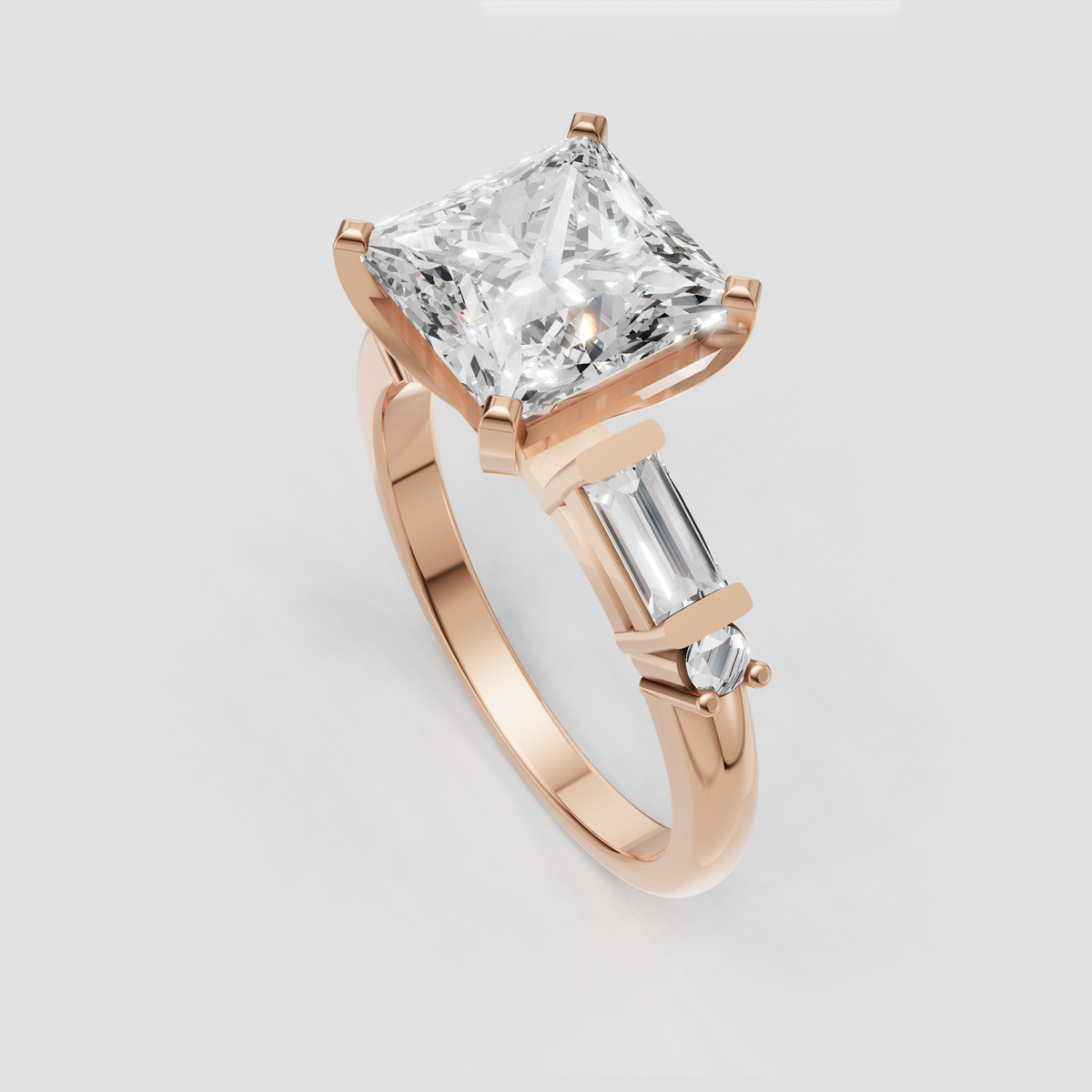 Princess cut diamond ring with baguette and round accents