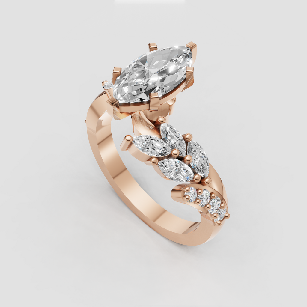 Sculptural marquise diamond bypass band with floral detailing
