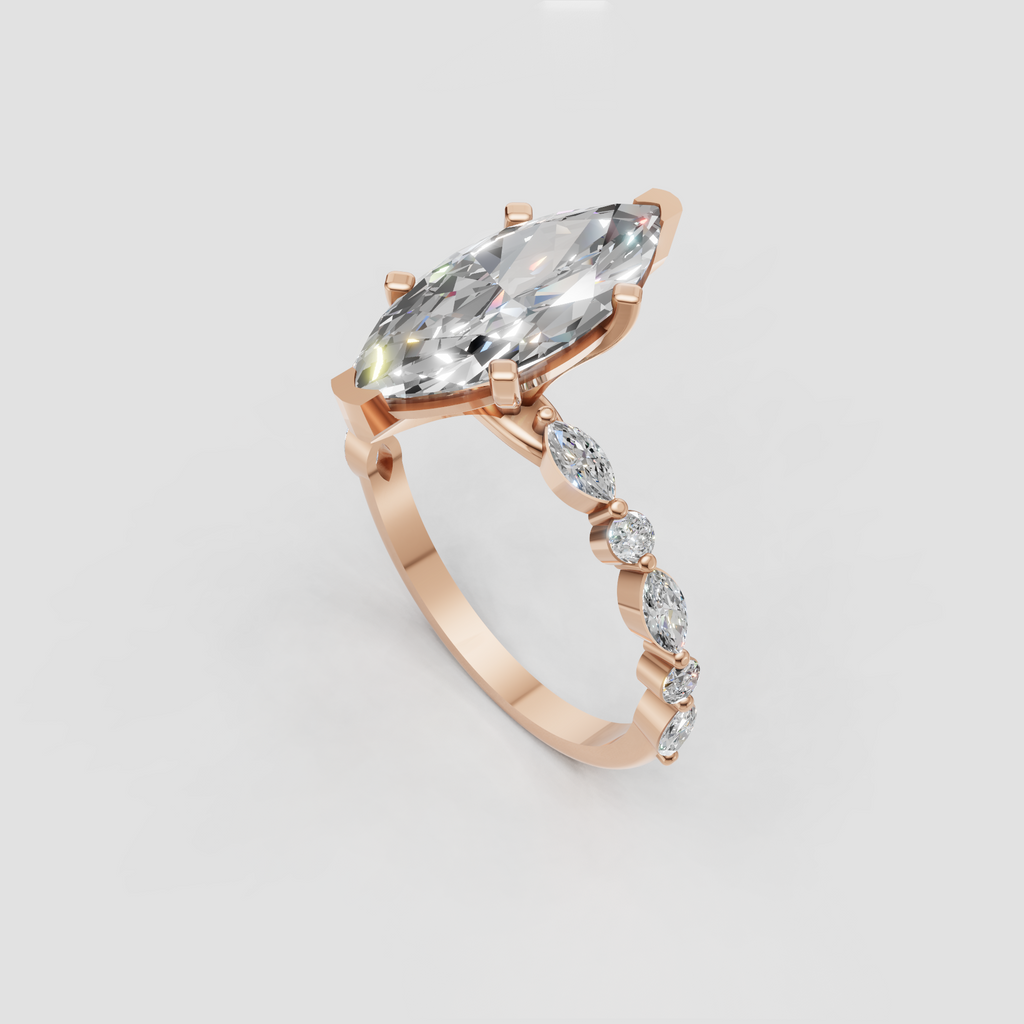 Four-prong marquise cut diamond engagement ring with graceful curved band.
