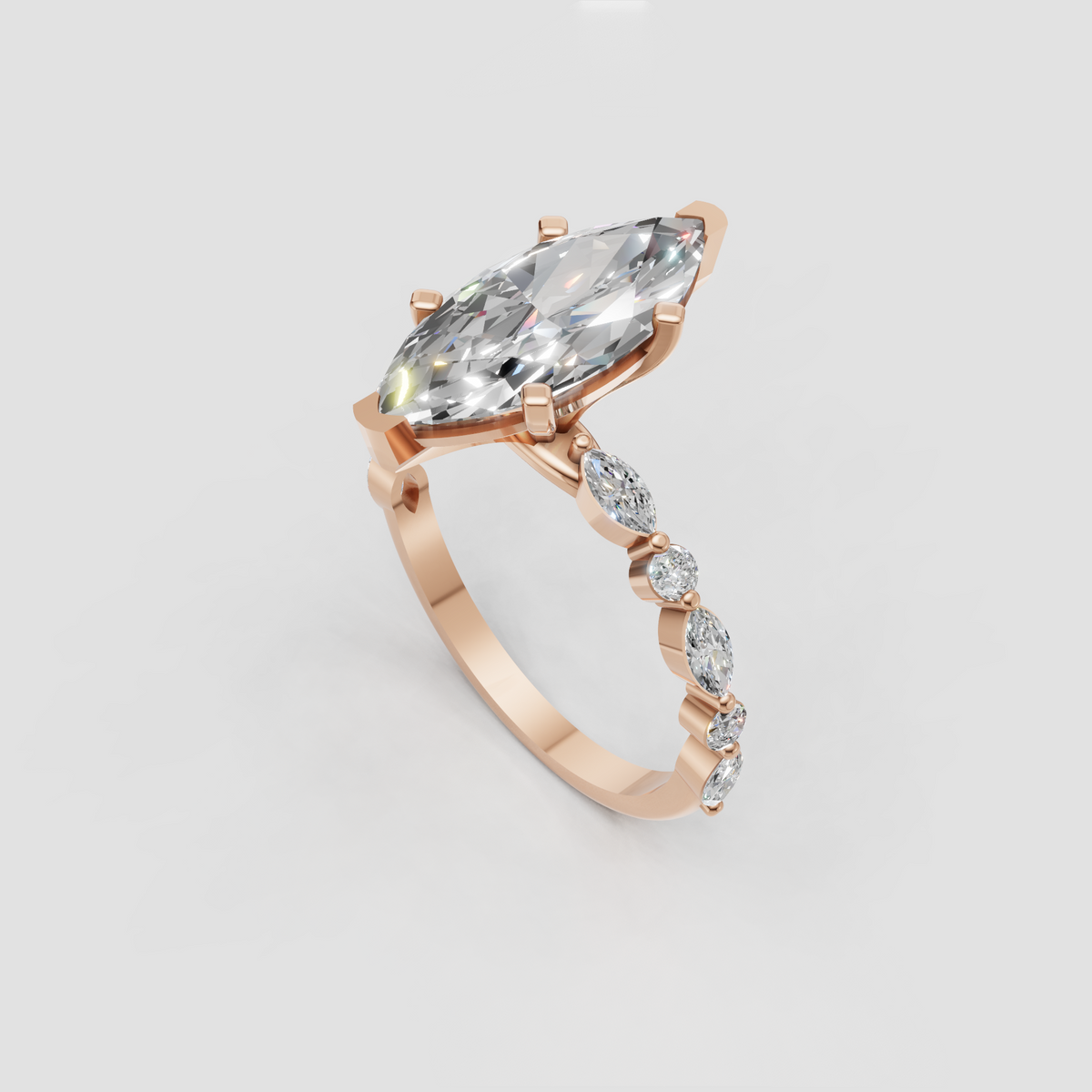 Four-prong marquise cut diamond engagement ring with graceful curved band.
