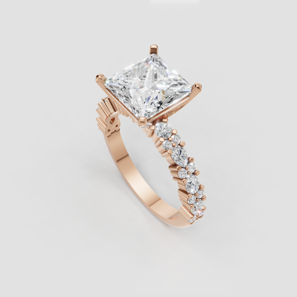 Princess cut center diamond surrounded by intricate four-prong yellow gold setting