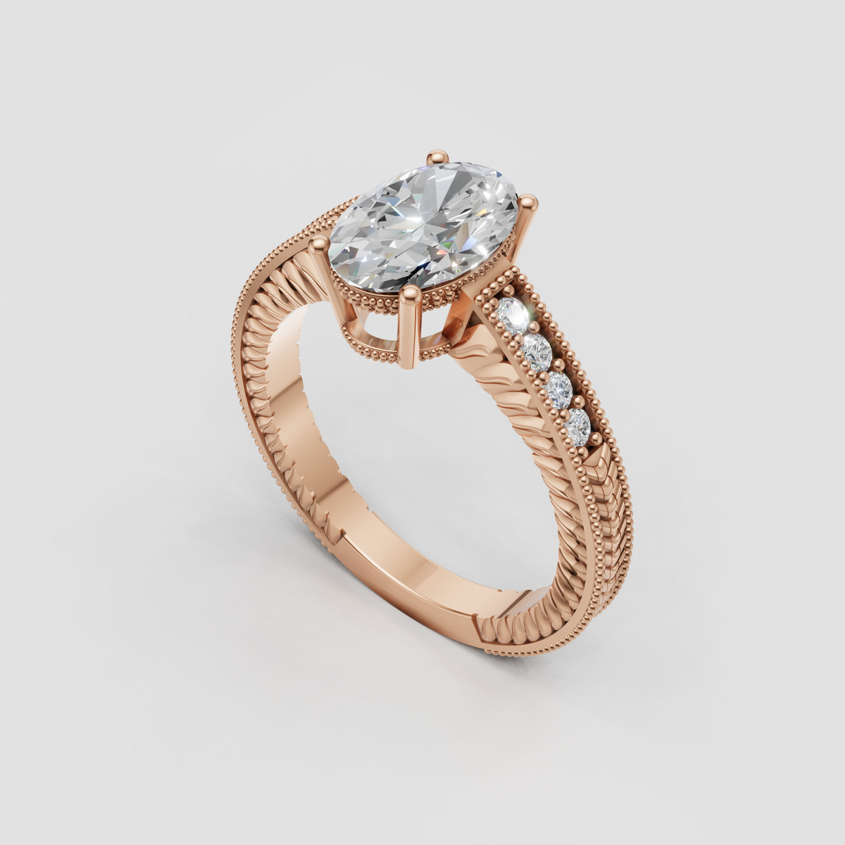 Detailed oval diamond ring with milgrain edges and round accent stones