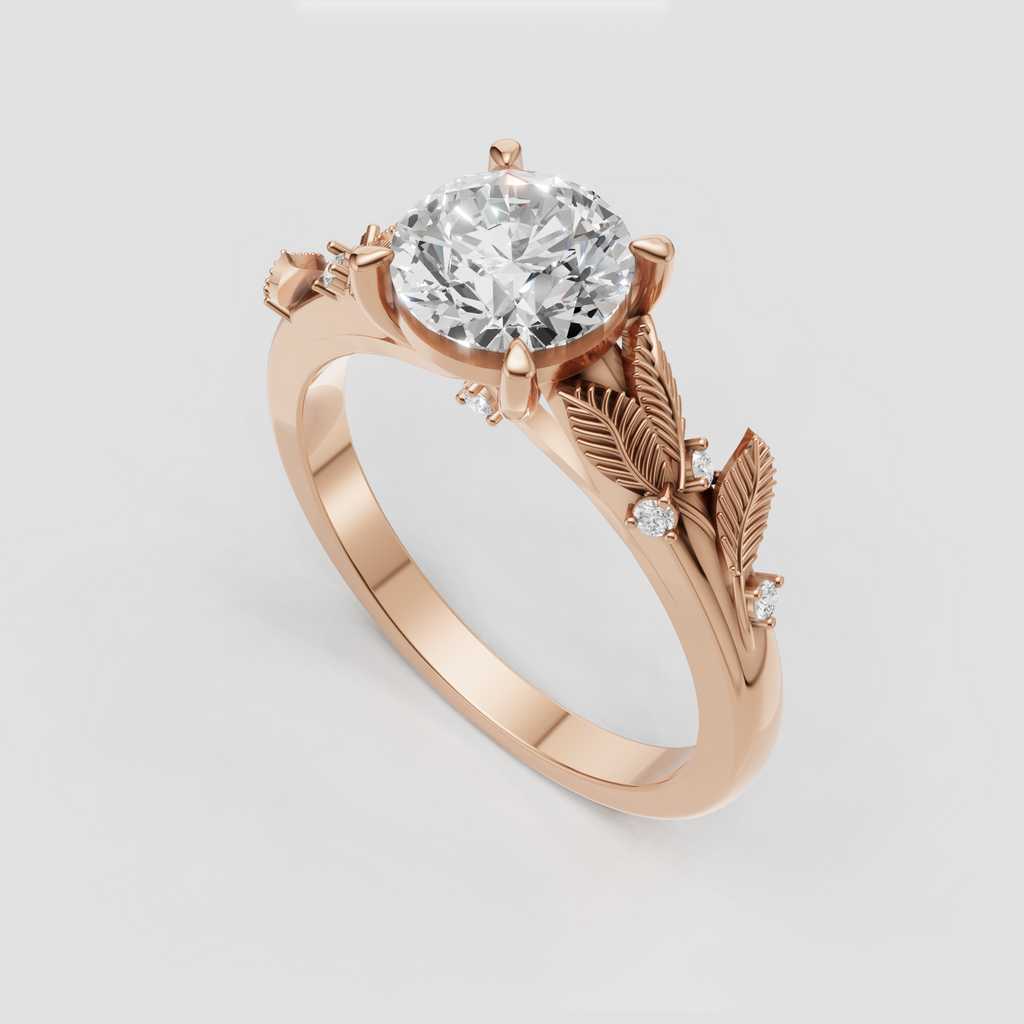 Elegant round diamond solitaire ring with decorative leaf details