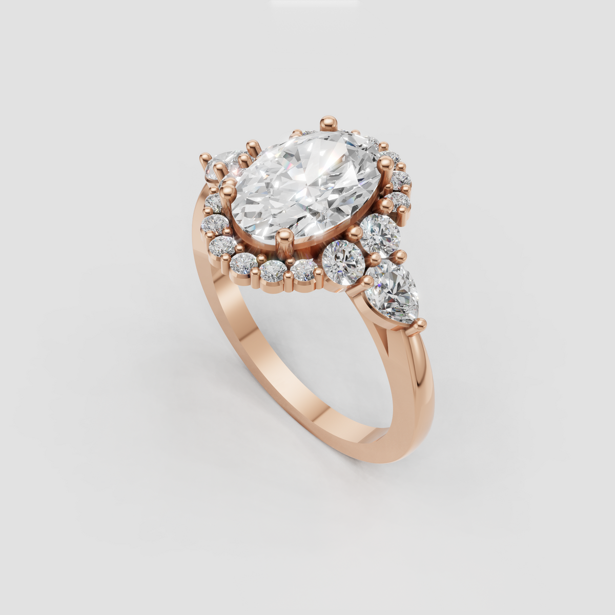 Oval canter diamond ring surrounded by a sparkling round stone halo