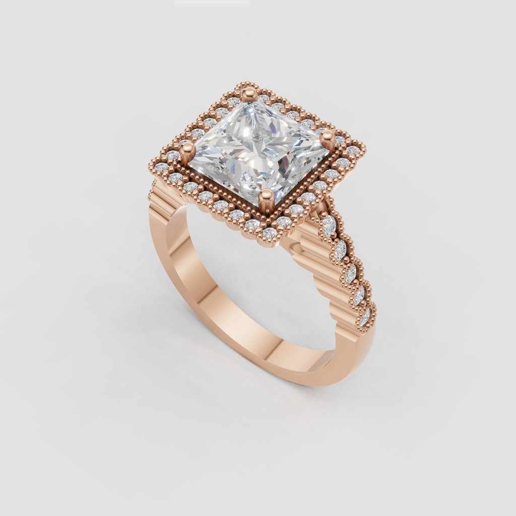 Square diamond ring with raised halo setting and detailed split shank design