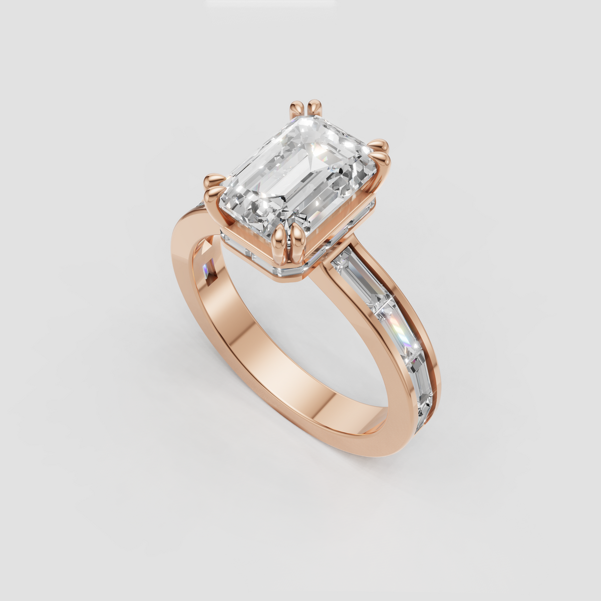 Four-prong emerald cut diamond engagement ring with polished gold band