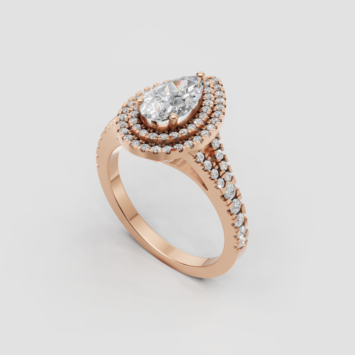 Pear shaped halo engagement ring with intricate detailing