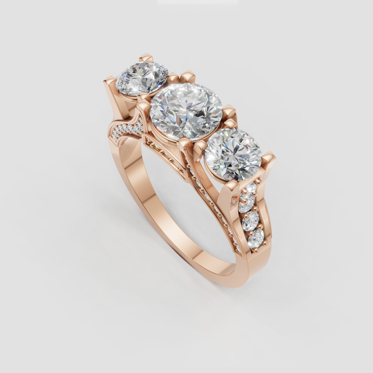 Round brilliant Diamond three-stone engagement ring viewed from the front