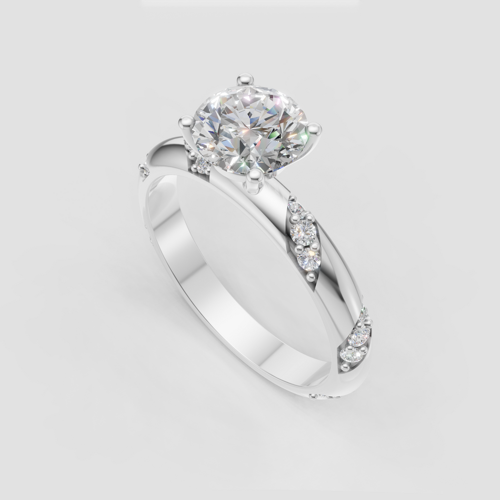 Round diamond engagement ring with diagonal pavé accents