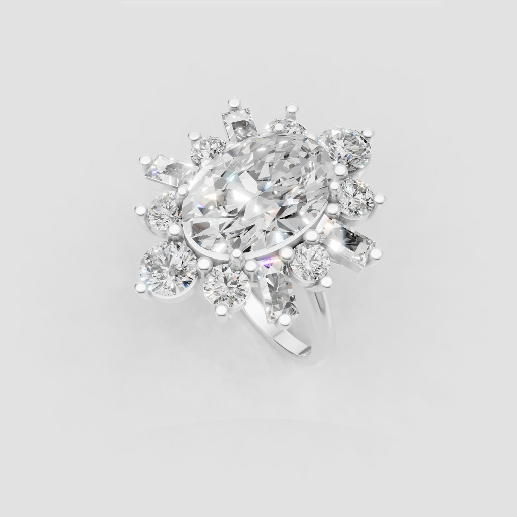 Yellow gold oval diamond ring with dramatic floral diamond cluster