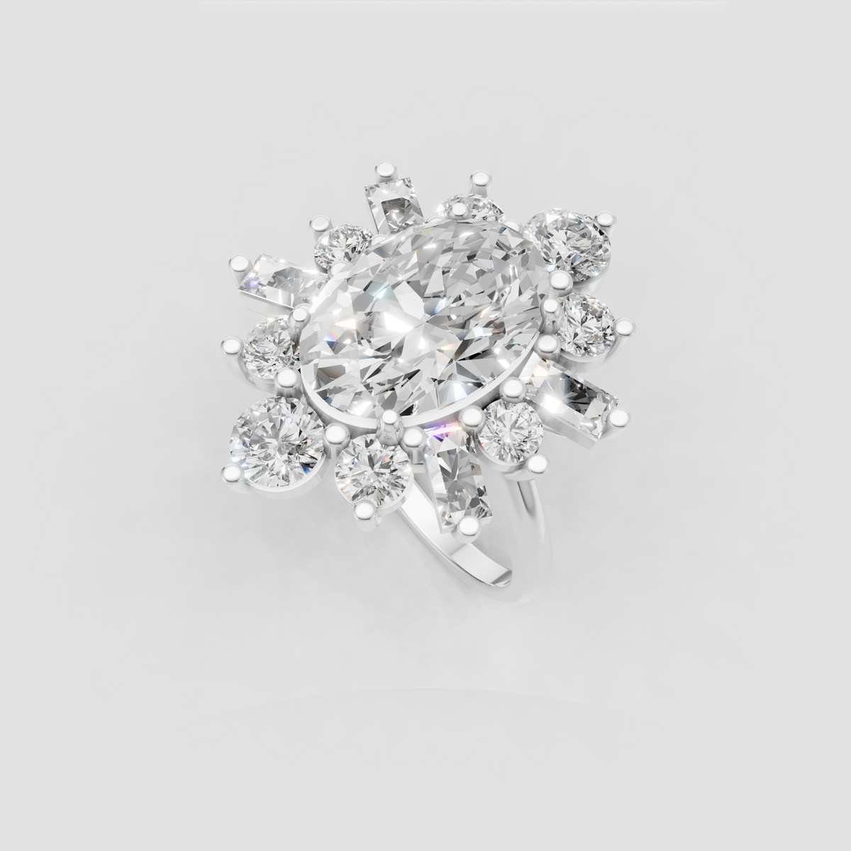 Yellow gold oval diamond ring with dramatic floral diamond cluster