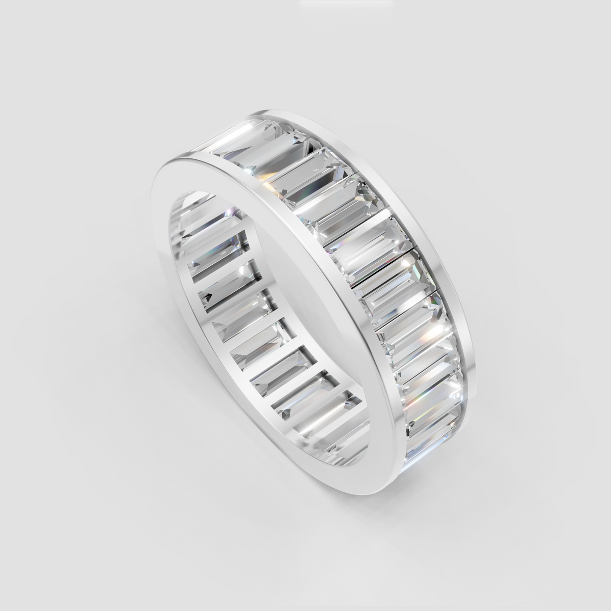Modern baguette diamond wedding band with sleek profile