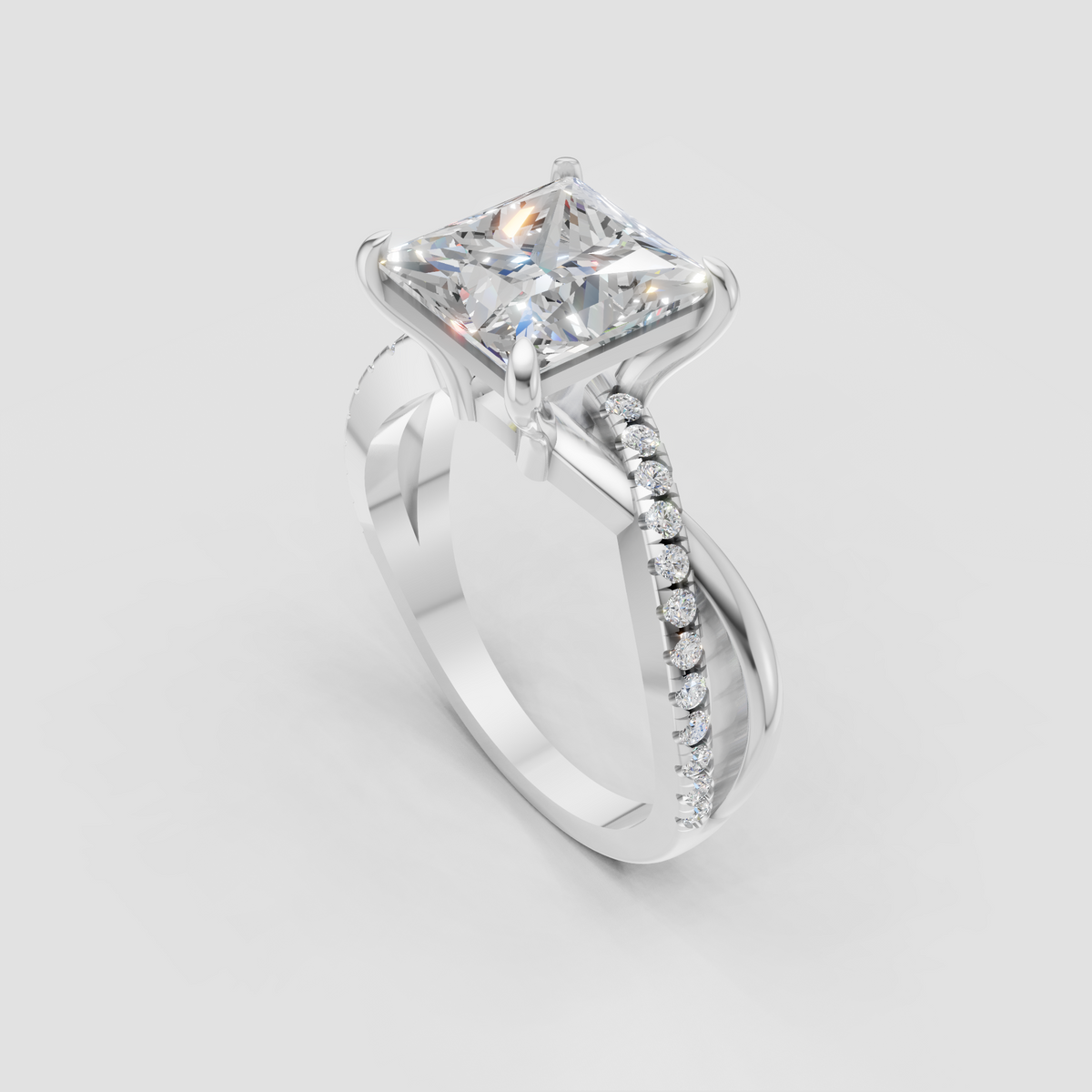 Modern princess cut diamond ring with sculpted crossover band