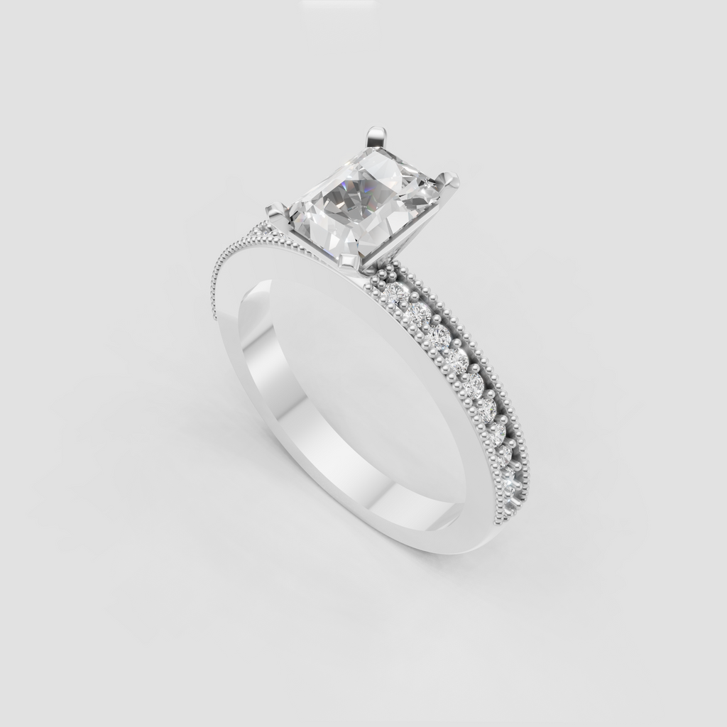 Radiant diamond ring with intricate milgrain border and round accent diamonds
