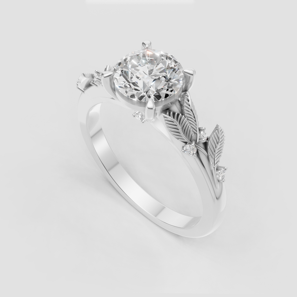 Round diamond solitaire ring featuring botanical floral craftsmanship