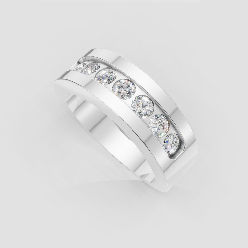 Wide gold wedding band featuring channel set round diamonds