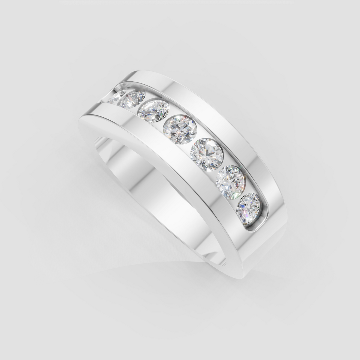 Wide gold wedding band featuring channel set round diamonds