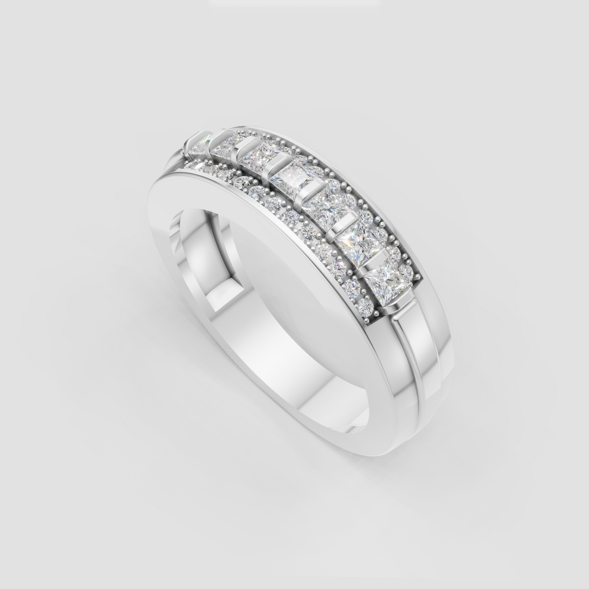 Wide princess diamond band featuring round diamond borders