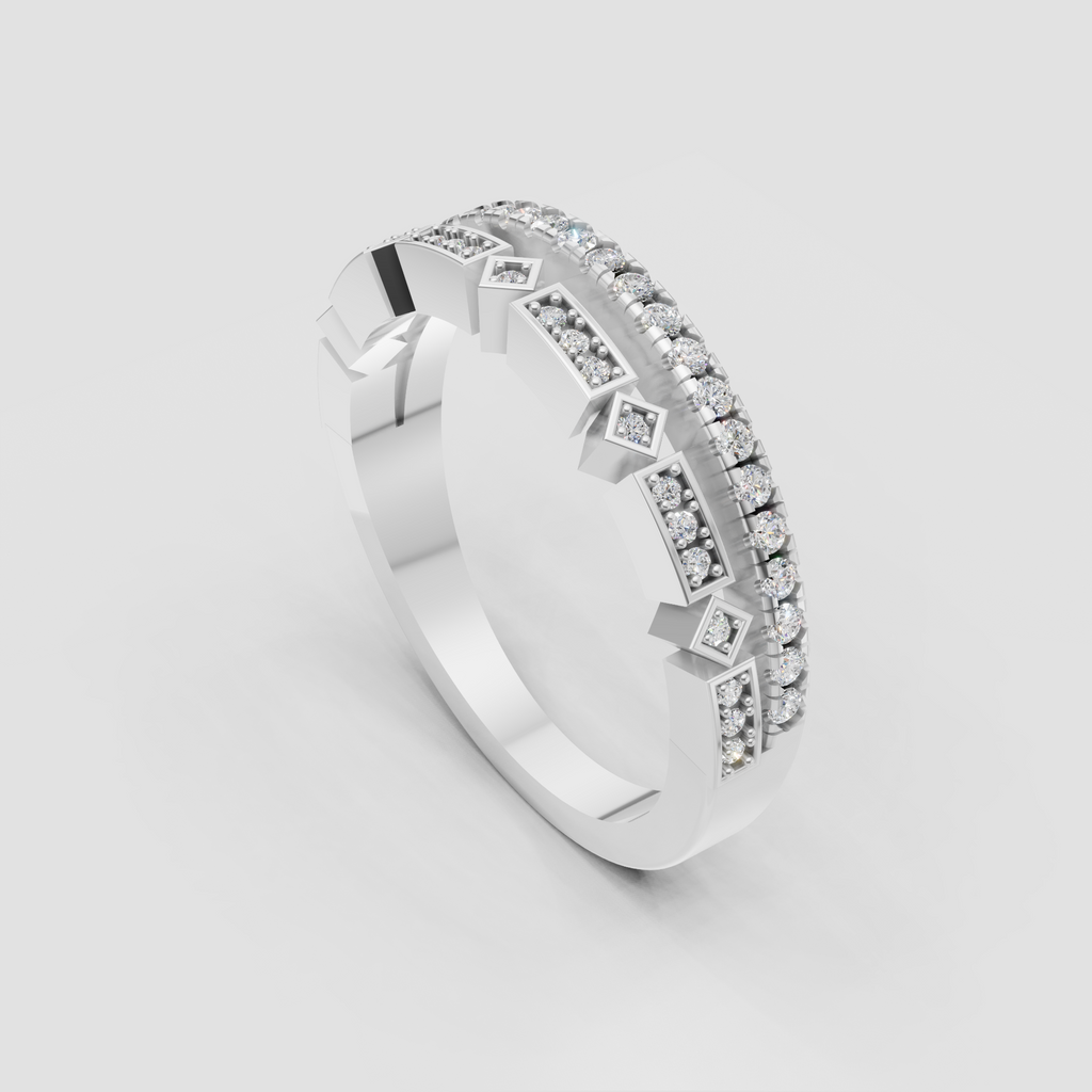 Polished yellow gold diamond band with alternating geometric settings